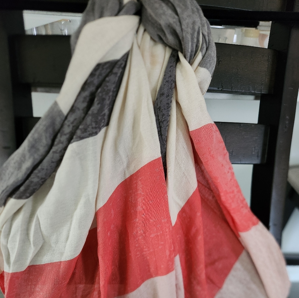 Tory Burch Scarf 80" Pink and Grey with shaded "T"